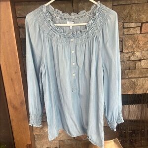 Crown & Ivy Blue Smocked Blouse with Bib Collar
